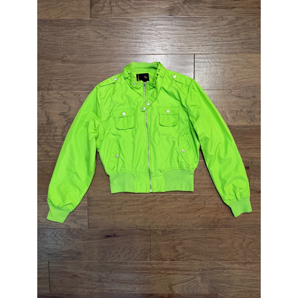 Harvey & Burns Bomber Jacket Women XL Neon Green Perforated Cropped Zip Up Mock